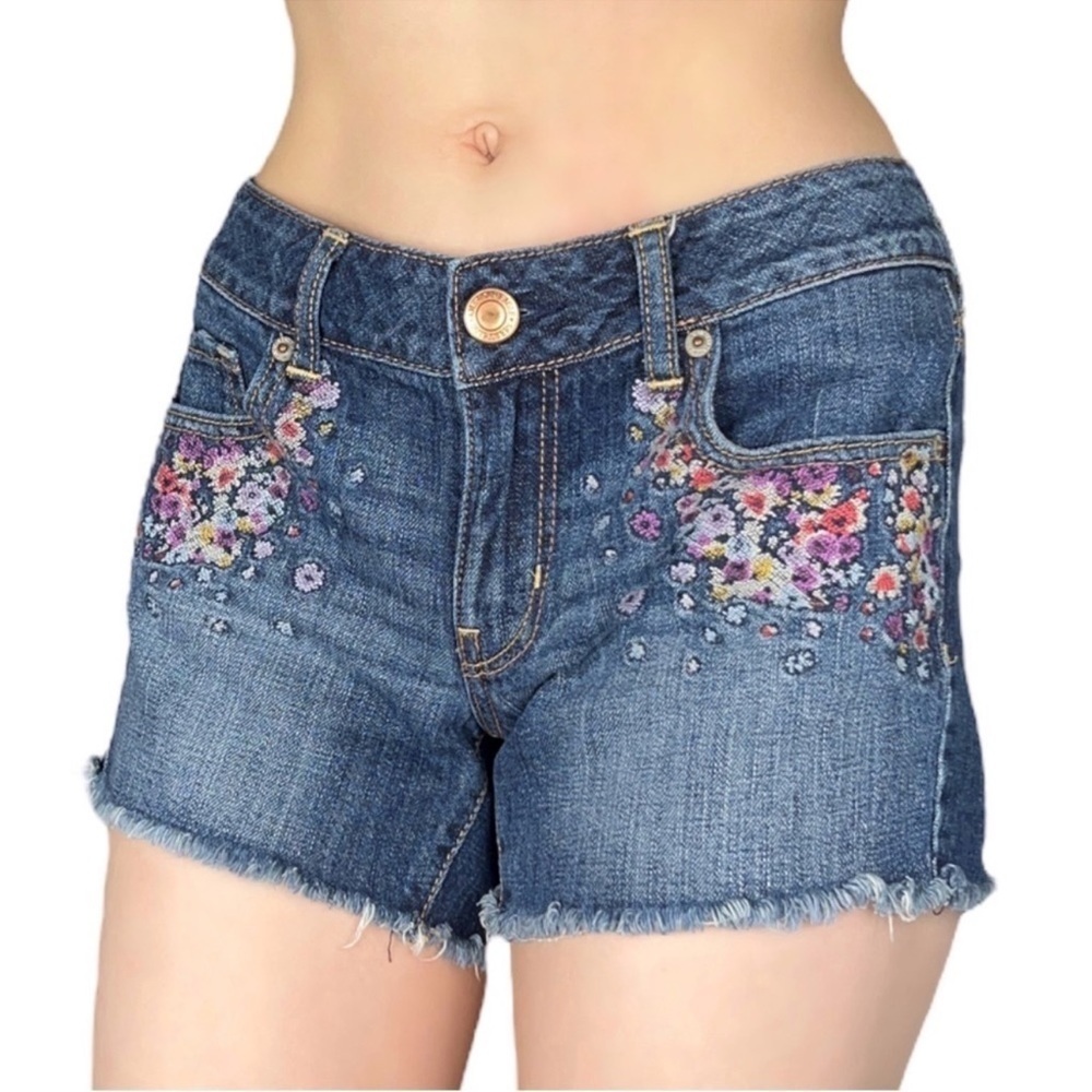 AE American Eagle Womens Embroidered Floral Detailed Fringed Hem Jean Sh…